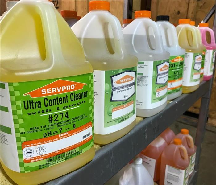 Chemicals and cleaning supplies SERVPRO uses on the shelf of our Dunwoody warehouse